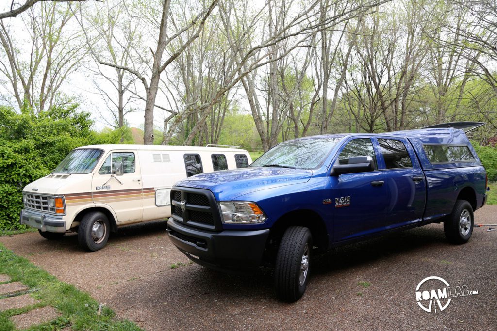 Out old and roomy van, Dodgy next to our new and powerful Dodgy II: The Truckening.