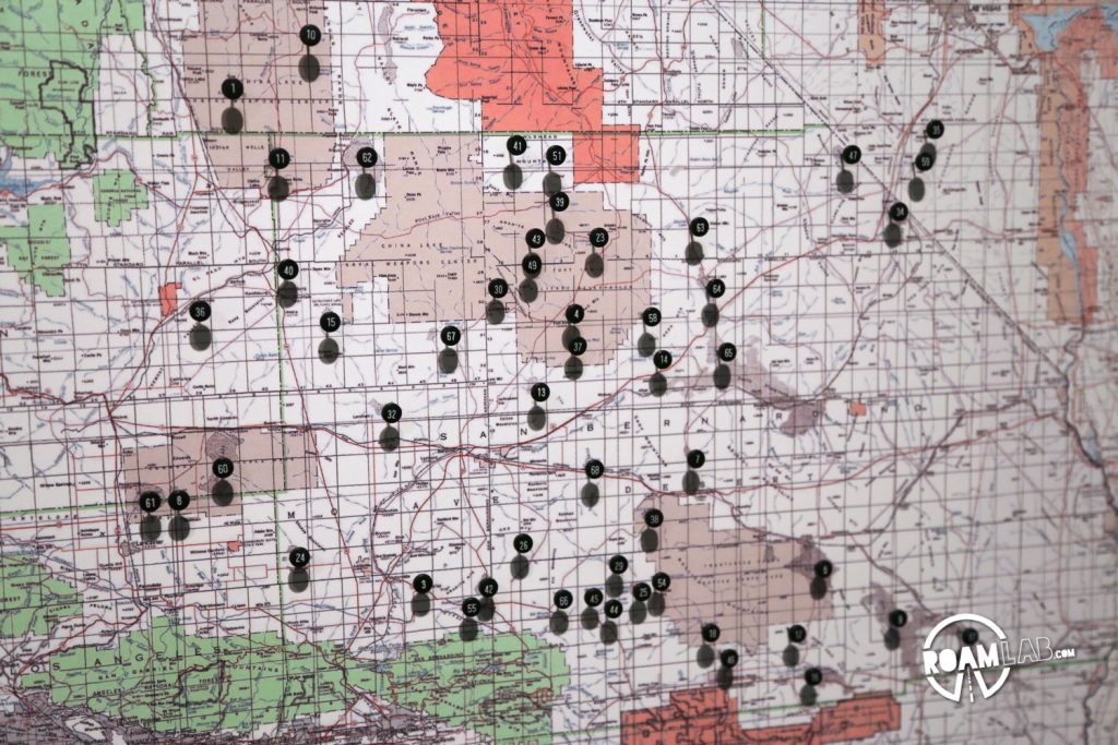 Map pinpointing dry lakes across the Mojave Desert.