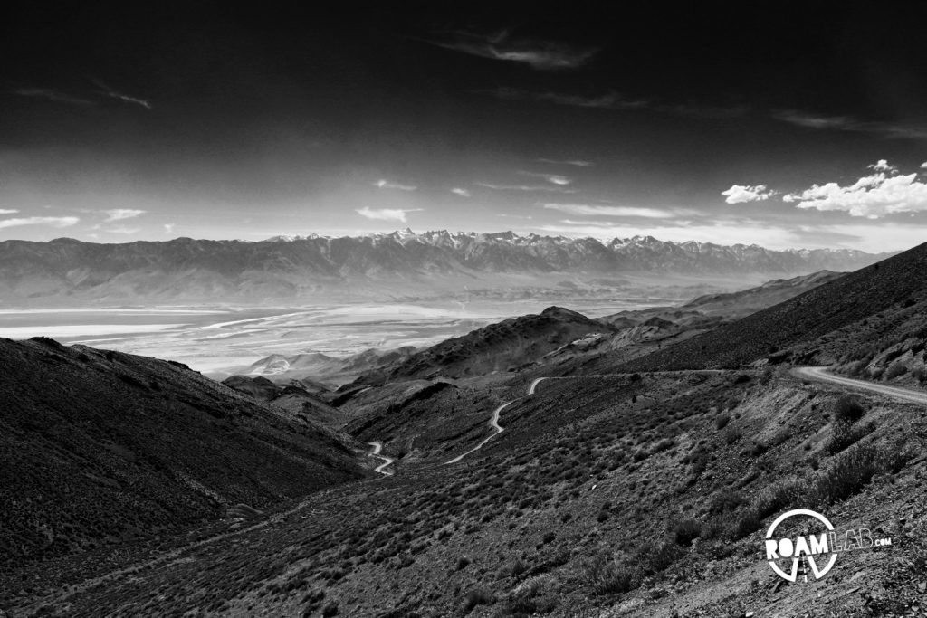 The winding route from Cerro Gordo down to the valley floor with the Sierras in the background.