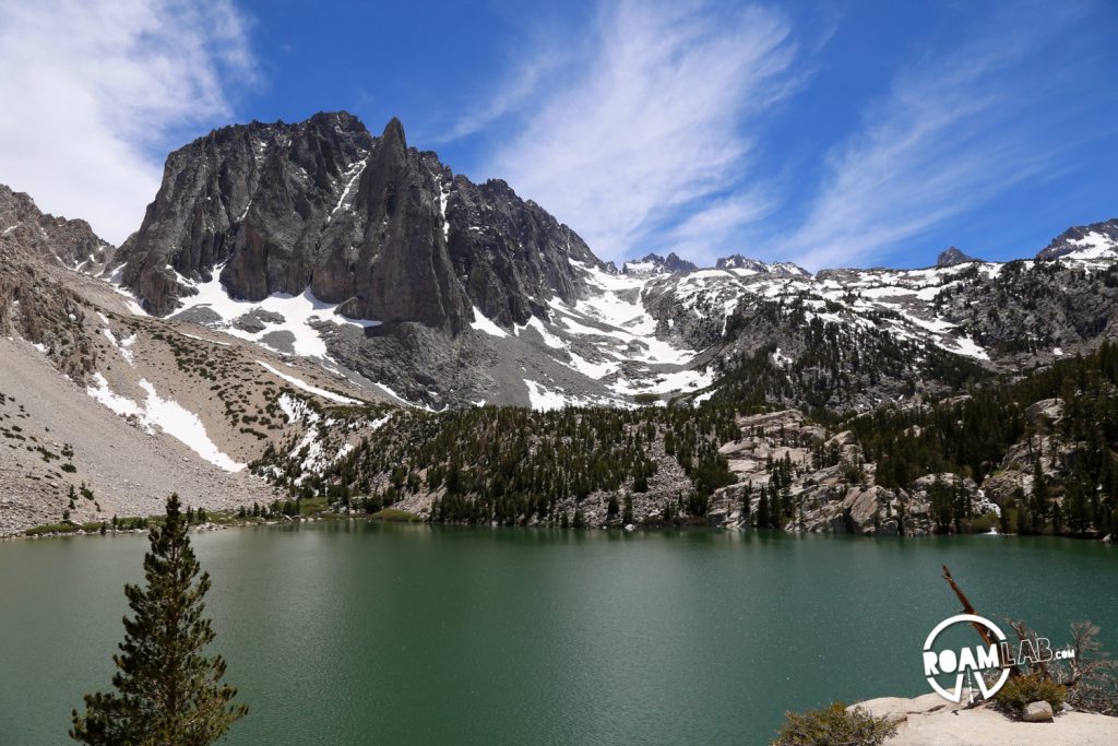 Second Lake, among the scenic Big Pine Lakes, below North Palisade, the third highest peak in Sierra Nevada Mountain Range.