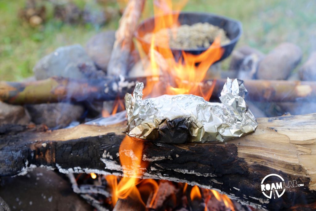 Cooking without a grate at first seemed like it would be a problem. Then it looked more like a photo opportunity. In order to get the salmon cooked through, I moved it into many positions in the course of the fire.