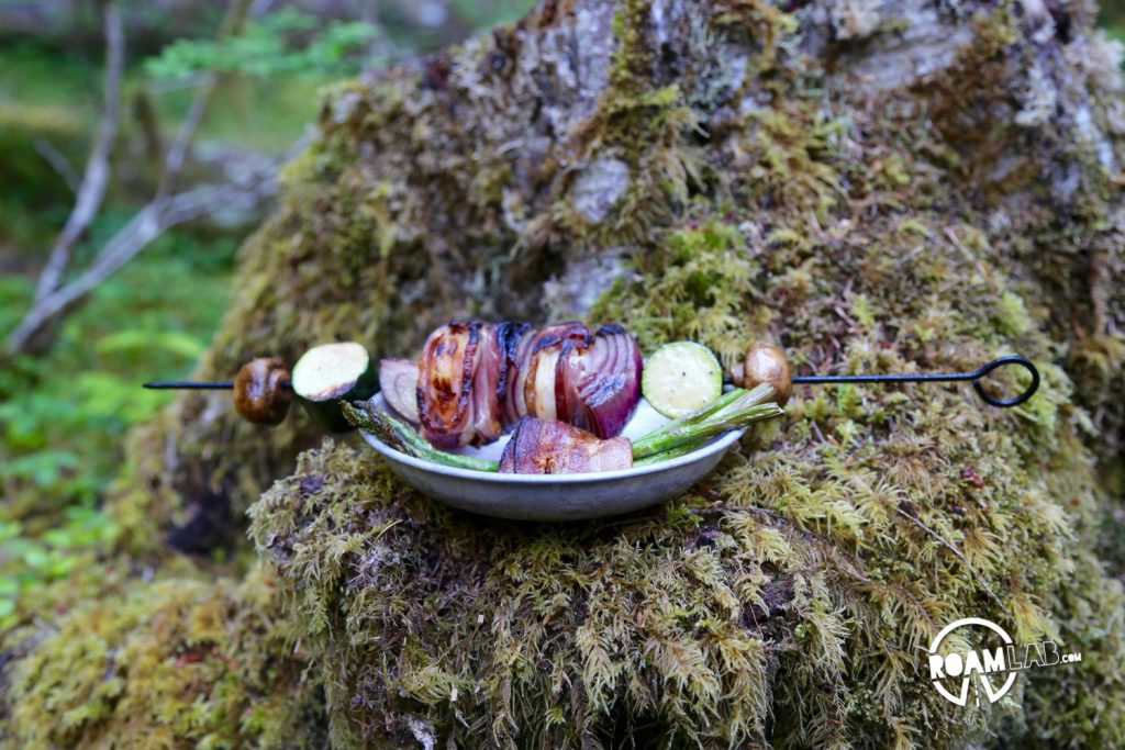 Bacon wrapped shrimp Kabobs, ready to eat.