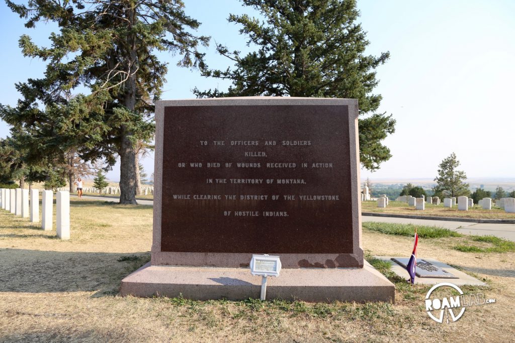 An old memorial demonstrating the changing views of a fixed event. On the marker: To the officers and soldiers killed, or who died of wounds received in action in the territory of Montana. While clearing the district of the Yellowstone of hostile indians As soon as I saw the text, I had to read the amendment on the small marker in front of the monument: Bearpaw Monument 1881 This monument was originally erected at Ft. Keogh in 1881 to honor U.S Army casualties from the 1877 Nez Perce War. PLEASE NOTE: "Hostile Indians" is in historical context with a term used for Native American enemies of the United States during the 19th century. The historic structure is protexted by the 1966 Historic Preservation Act and cannot be changed to reflect modern social norms.