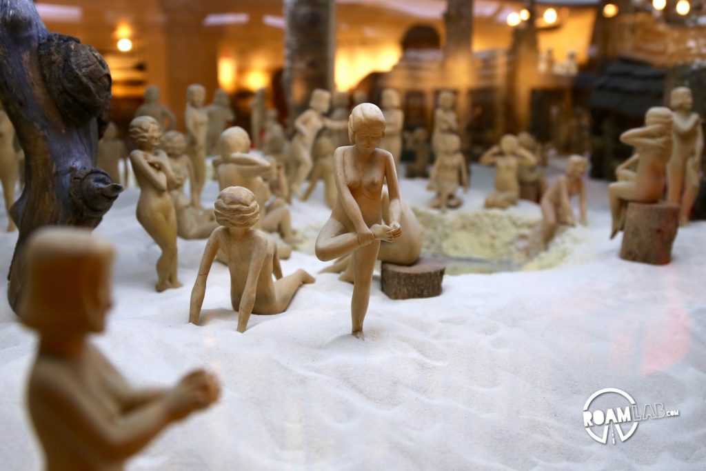 This collection of 97 hand carved nude female statuettes where the work of Robert J. Poe, a Homesteak Mining Company employee who took up carving after a paralyzing accident in the mine. His limited mobility fueled a particular interest in representing the active body. His craftsmanship was part of the 1933-34 Chicago world's fair and was later donated to the Adam's Museum.