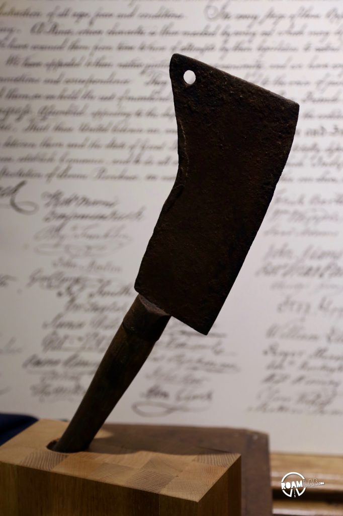In a macabre corner of the Adam's Museum, items from legal cases are on display. This cleaver was used in the 1987 murder of Mrs. Emma Stone by her employer, Isadore Cavanaugh. Cavanaugh was, debatably, lucky not to be immediately lynched by outraged community. He had his time in court and was hung on July 14, 1897.