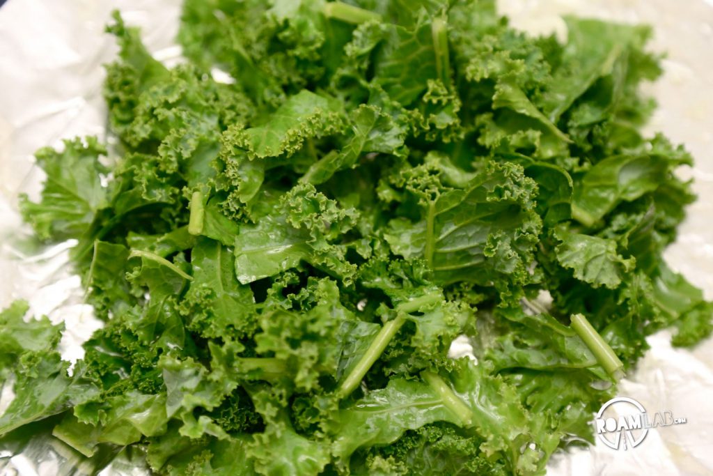 Roughly chopped kale. Getting those veggies in with some roasted sweet potato and kale.