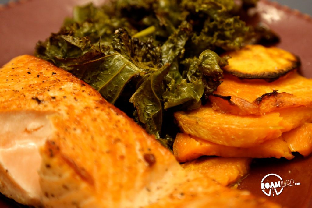 Sweet potato and kale, ready to eat! Getting those veggies in with some roasted sweet potato and kale.