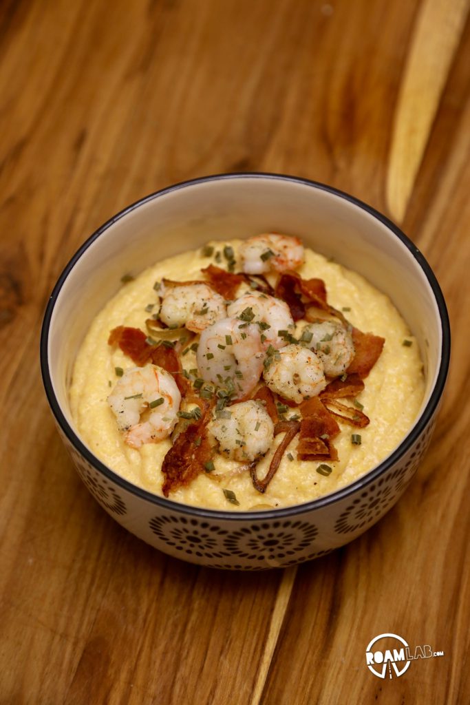 We were in the South, so it only seemed appropriate to experiment with some local fair.  Thus, we concocted with Down Home Shrimp & Grits with a camper friendly twist.
