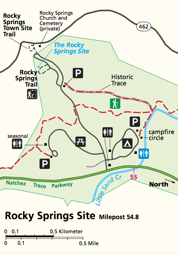 Map of Rocky Springs town site, campground, and hiking trails.