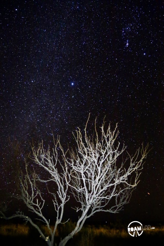 Surreal lights attributed to UFOs, will-o-the-wisps, or the reflections of car lights and camp fires have been sited in this portion of the desert often between 2 and 3 AM. So, people camp out at a conveniently located rest stop, hoping to have their own illuminating experience.