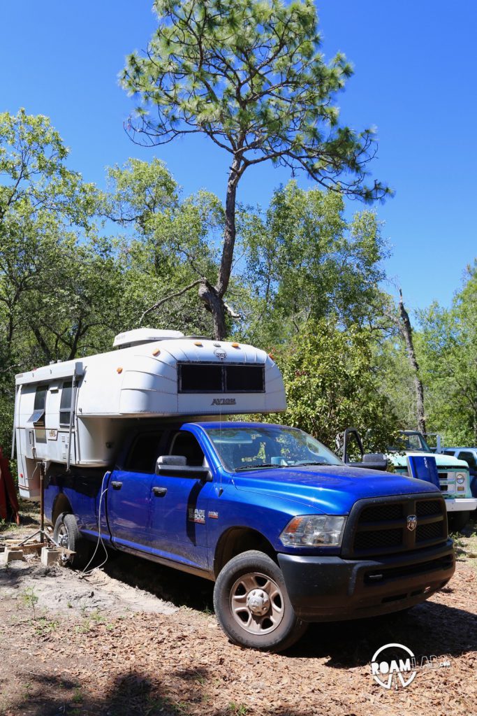 1970 Avion C11 truck camper mounted on our 2015 Ram 3500, ready to leave the previous owners back yard.