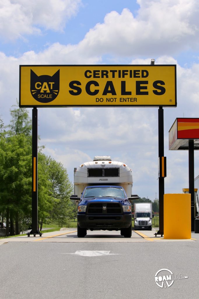 Weighing a 1970 Avion C11 truck camper at the truck stop CAT scales.