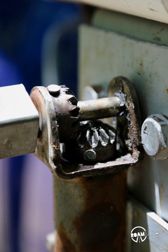 Inner mechanism of the old truck camper jacks.