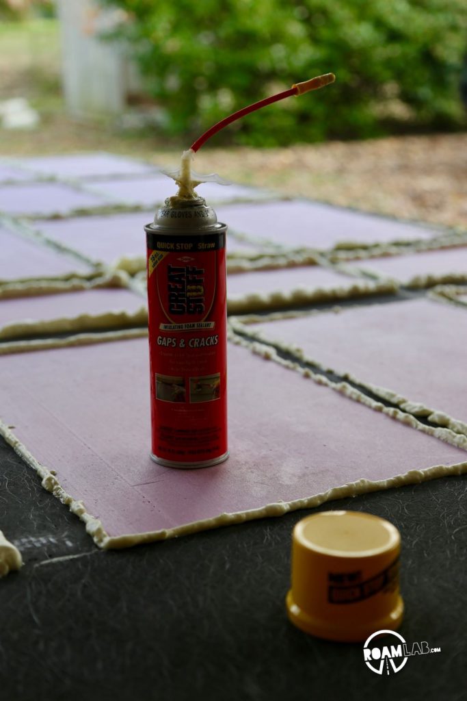 As I am using a simple box cutter to cut out the insulation board, there are imperfect gaps left between the board and the fiberglas skeleton. To fill in these gaps and optimize insulation, we are using Great Stuff Insulating Foam Sealant.
