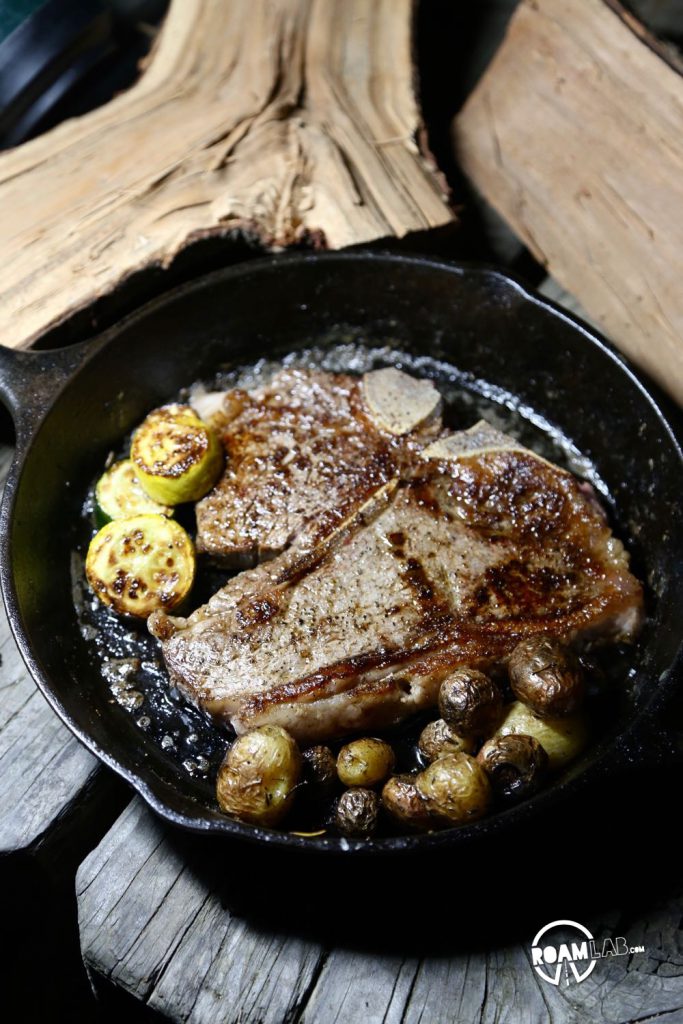 Porterhouse steak ready for eating at San Simeon Beach State Park Campground.