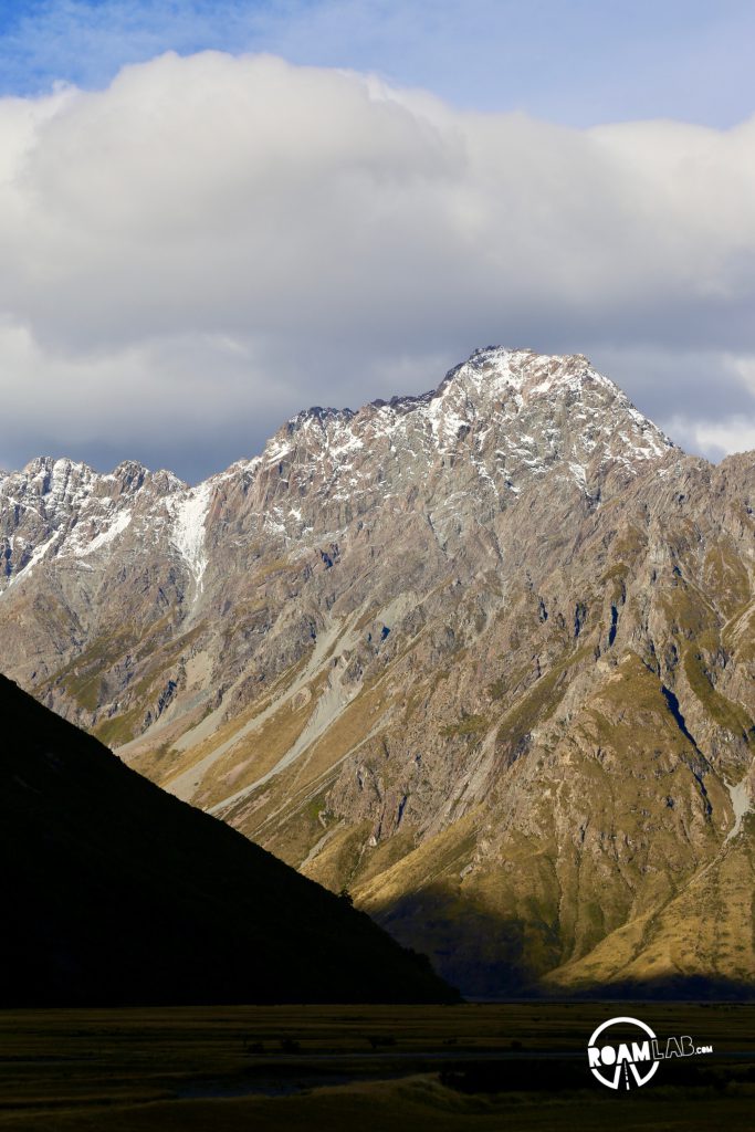 Contending against gale force winds to see a glacier on the Hooker's Valley Track along the Southern Alps in Aoraki/Mount Cook National Park.