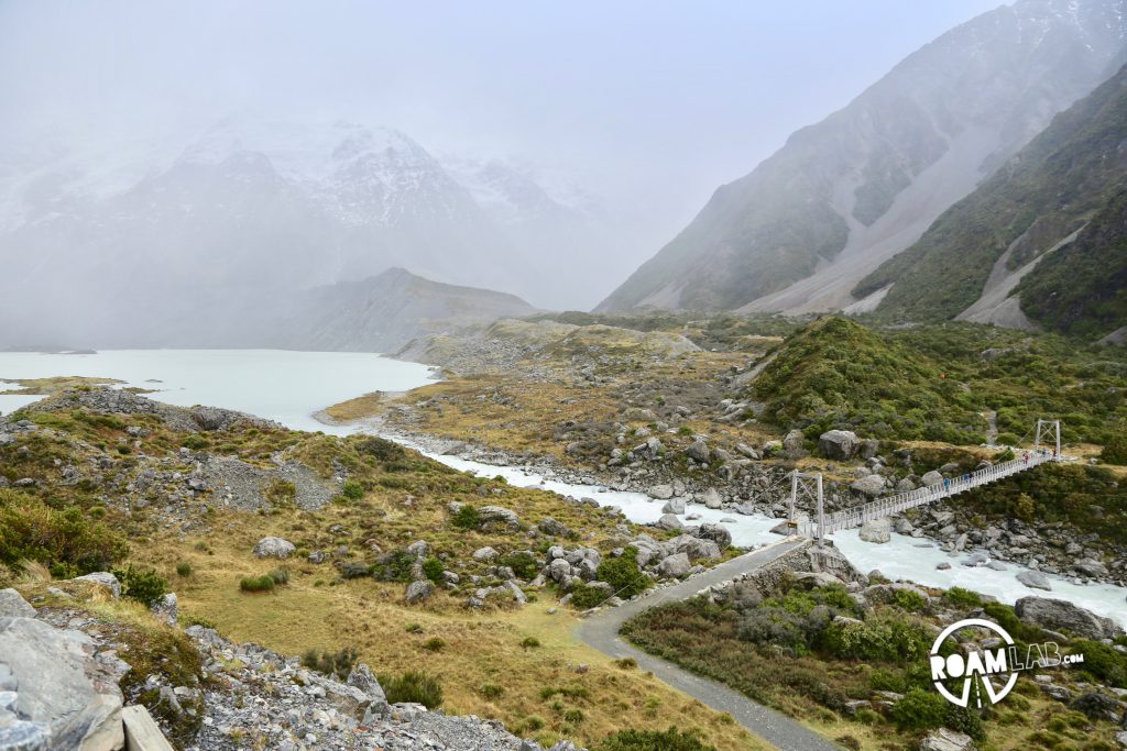 Contending against gale force winds to see a glacier on the Hooker's Valley Track along the Southern Alps in Aoraki/Mount Cook National Park.