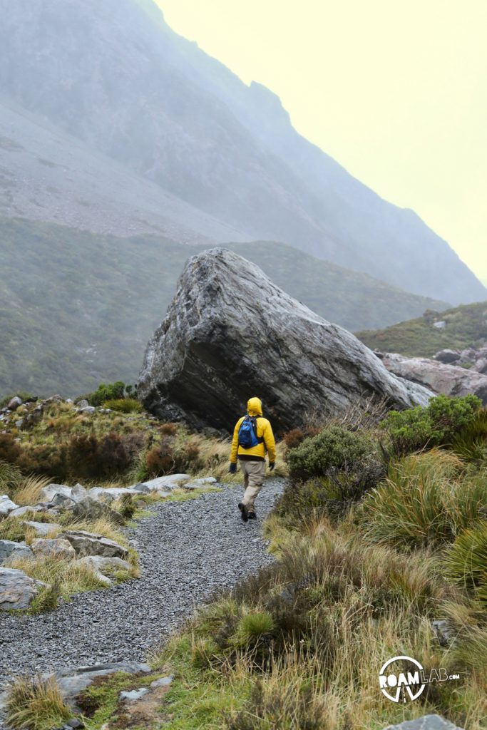 Contending against gale force winds to see a glacier on the Hooker's Valley Track along the Southern Alps in Aoraki/Mount Cook National Park.