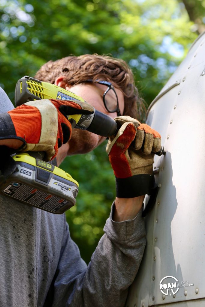 Learn our 3-step rivet removal process for buck rivets on vintage campers - optimizing speed of rivet removal while minimizing damage to the aluminum sheet.