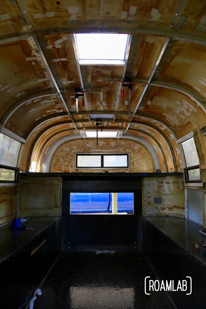 Interior with new reinforcing channels for renovating a vintage 1970 Avion C11 truck camper.