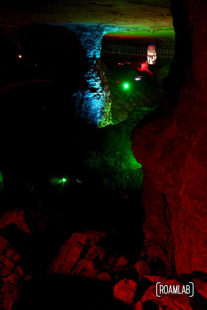 Colorfully lit pillars highlight the scope of the room and pillar mining by Louisville Crushed Stone.