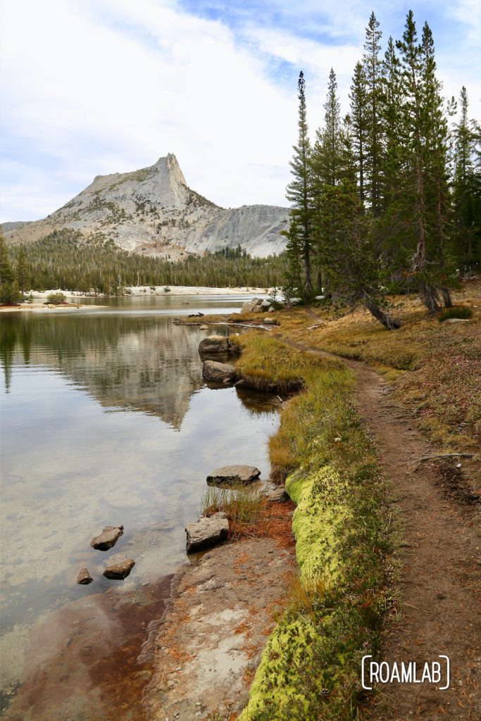 Hiking Cathedral Lakes Trail from Tuolumne Meadows to Lower Cathedral Lake, surrounded by Cathedral, Echo, and Tresidder Peaks in Yosemite National Park.