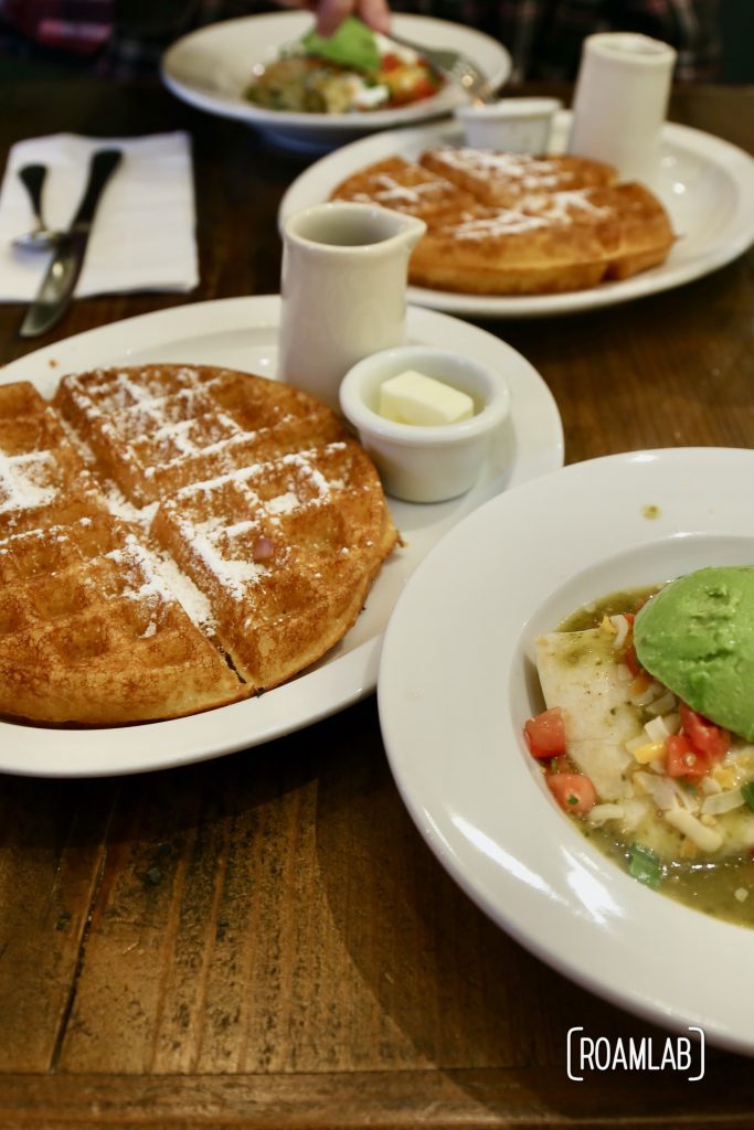 Waffles Breakfast at Grounds, Murphys, Californiaand burritos