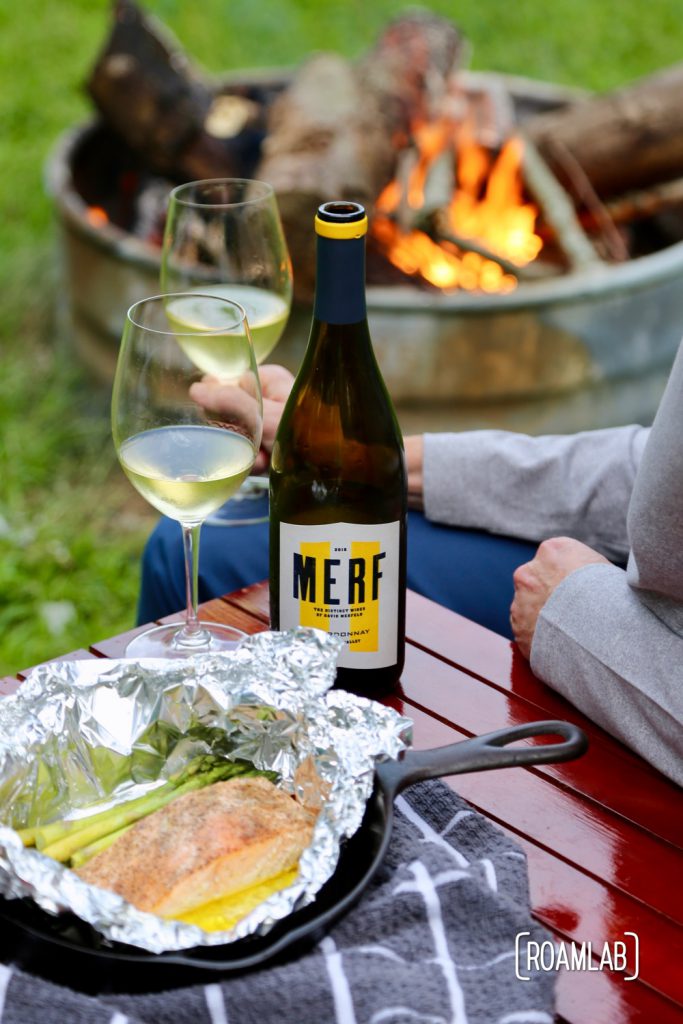Salmon, asparagus, and chardonnay by the campfire