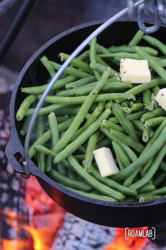 Buttery green beans over the campfire