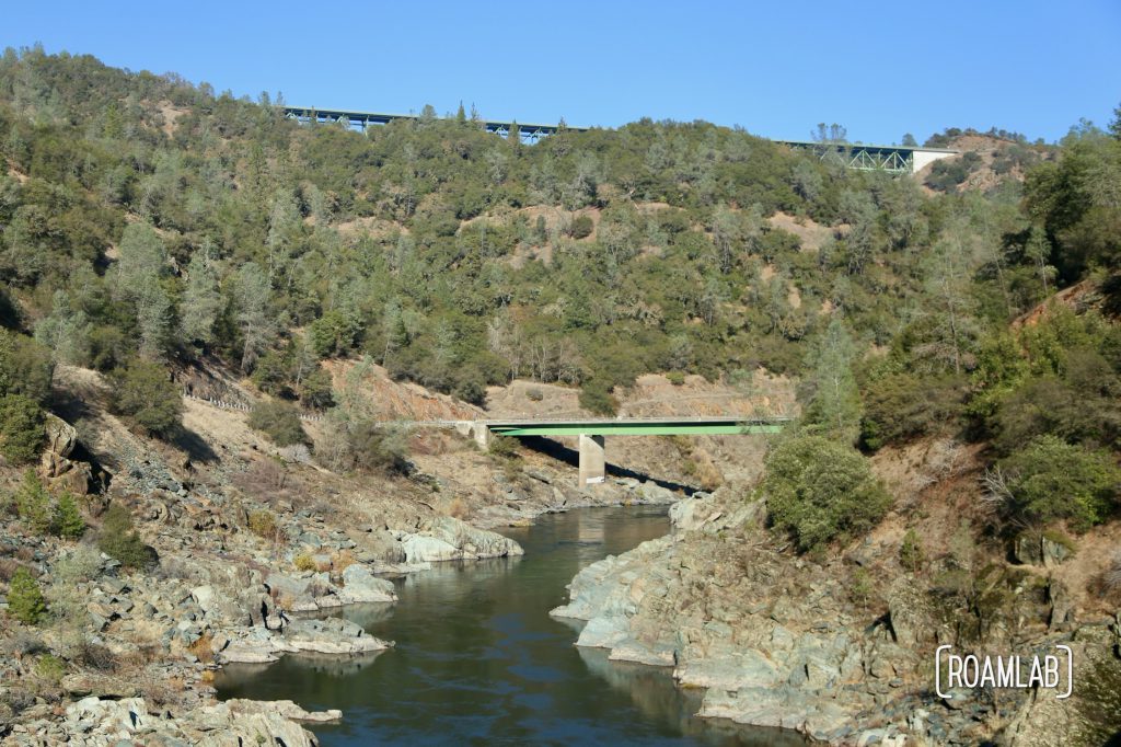 No Hands Bridge off highway 49 is a hiking destination crossing the North Fork of the American River in the ⁨California's Auburn State Recreation Area.