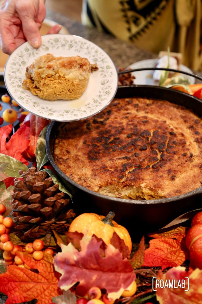 Dutch oven upside down pumpkin pie.