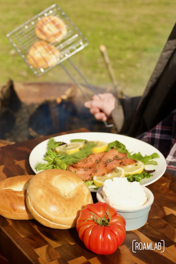 Savor a taste of New York City in this classic Bagel & Lox recipe with a campfire twist.  Enjoy smoked salmon, cream cheese, capers, and schmear in one tasty bagel.