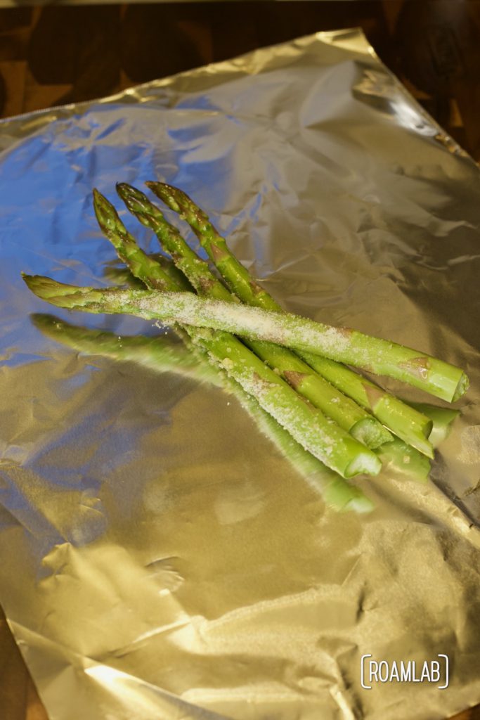 Savor a bundle of tasty vegetable spears on your next camping trip with this tin foil parmesan asparagus campfire cooking side dish recipe.
