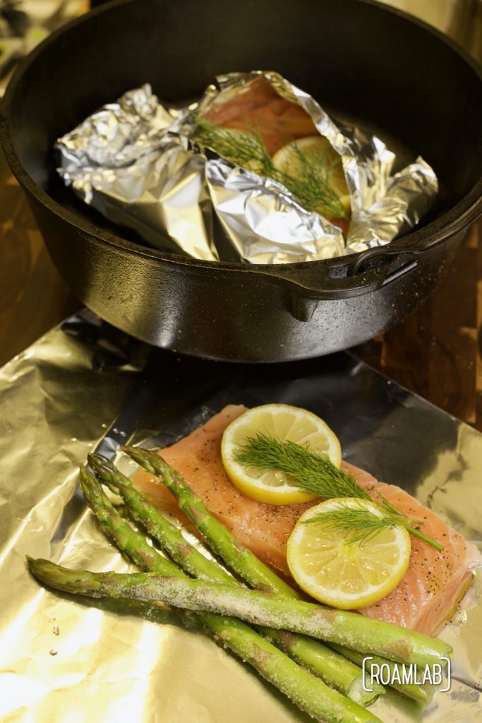 Enjoy this simple seafood course with our tin foil salmon campfire cooking dinner recipe. Add veggies with the fillet to make a full meal in one packet.