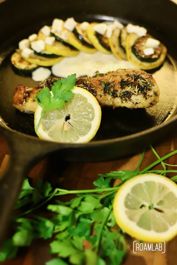 Take your seafood cuisine to the next level with this cast iron skillet seared sea bass in a herb butter sauce campfire cooking dinner recipe