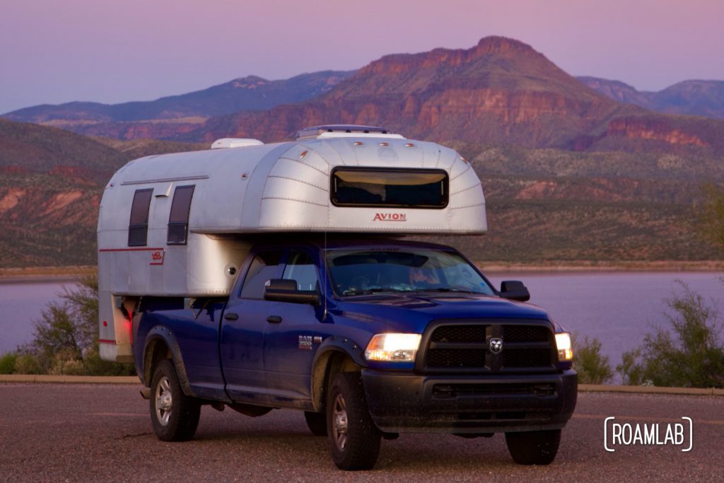 1970 Avion C11 truck camper at sunset