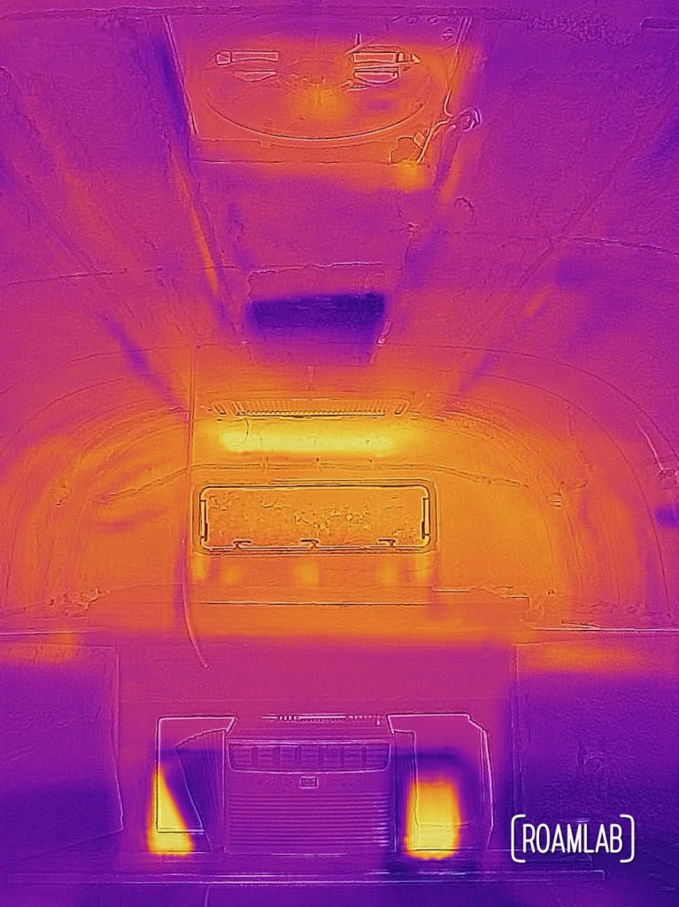 MSX thermal / optical hybrid camera view of Avion truck camper cabover interior.