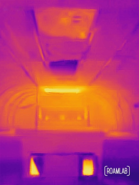 Thermal camera view of Avion truck camper cabover interior.