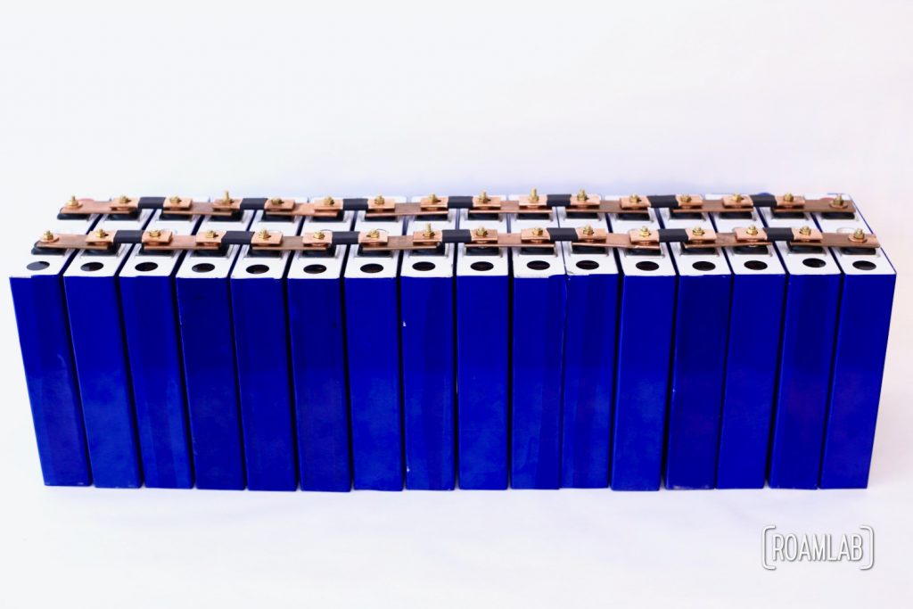 All sixteen 3.2V 180Ah LiFePO4 battery cells arranged in parallel.