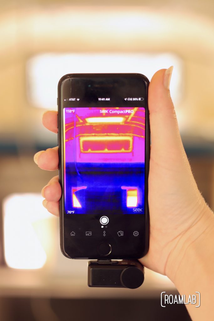 Seek CompactPro thermal camera operating through the Seek Thermal iPhone application.