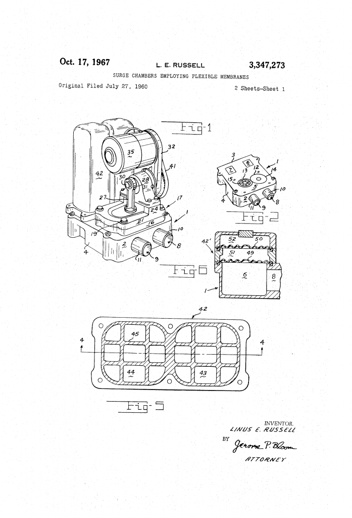 Drawing of Peters & Russell water pump for patent U.S. 3347273