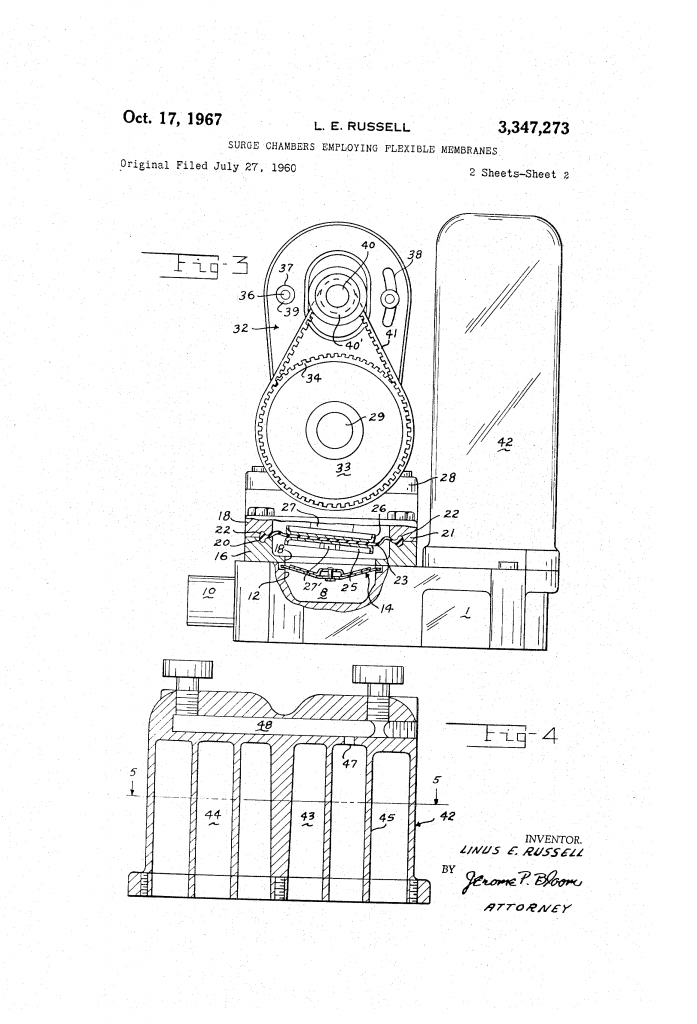 Drawing of Peters & Russell water pump for patent U.S. 3347273