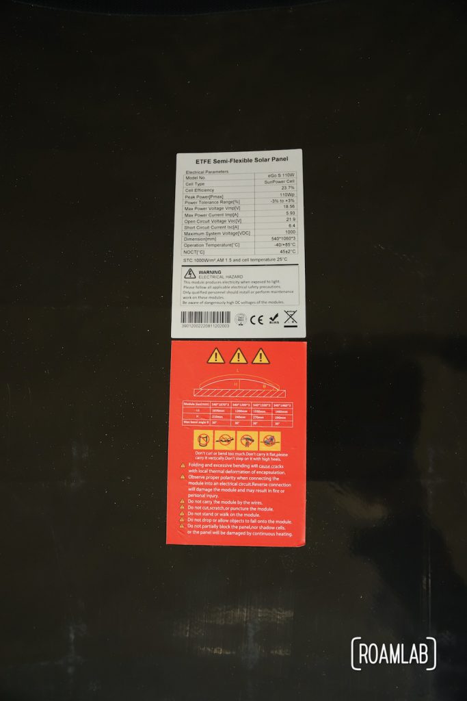 Manufacturing parameters and warning label on the back of each panel.
