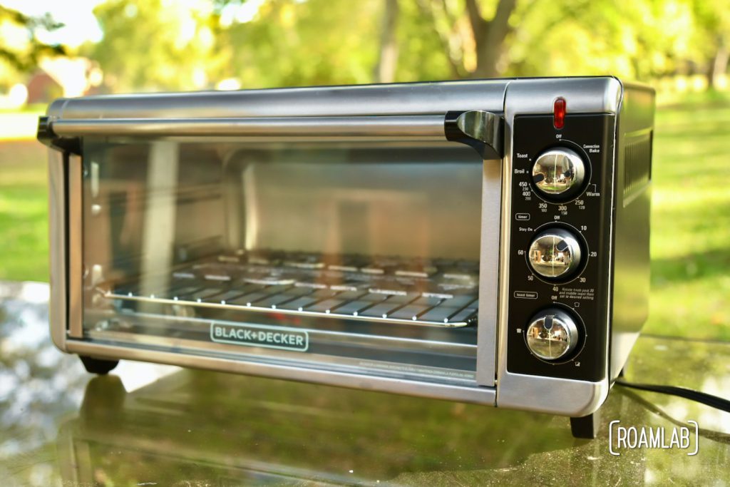 8-slice toaster oven ready to cure powder coated emblems.