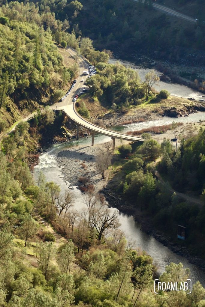View of Old Foresthill Road crossing the North Fork of the American River as seen from the Foresthill Bridge.