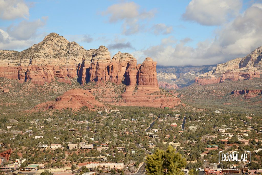 View of Sedona, Arizona from Airport Mesa with red buttes in the distance.