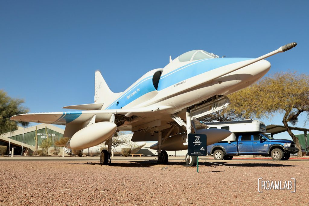 Douglas A-4C Skyhawk Attack Bomber (1959-1980) and a 1970 Avion C11 truck camper in the Pima Air & Space Museum