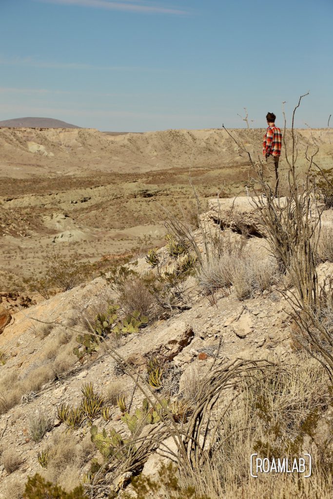 Man in a red plaid shirt standing at the edge of a cliff looking out over Tornillo Flat along Old Ore Road in Big Bend National Park, Texas