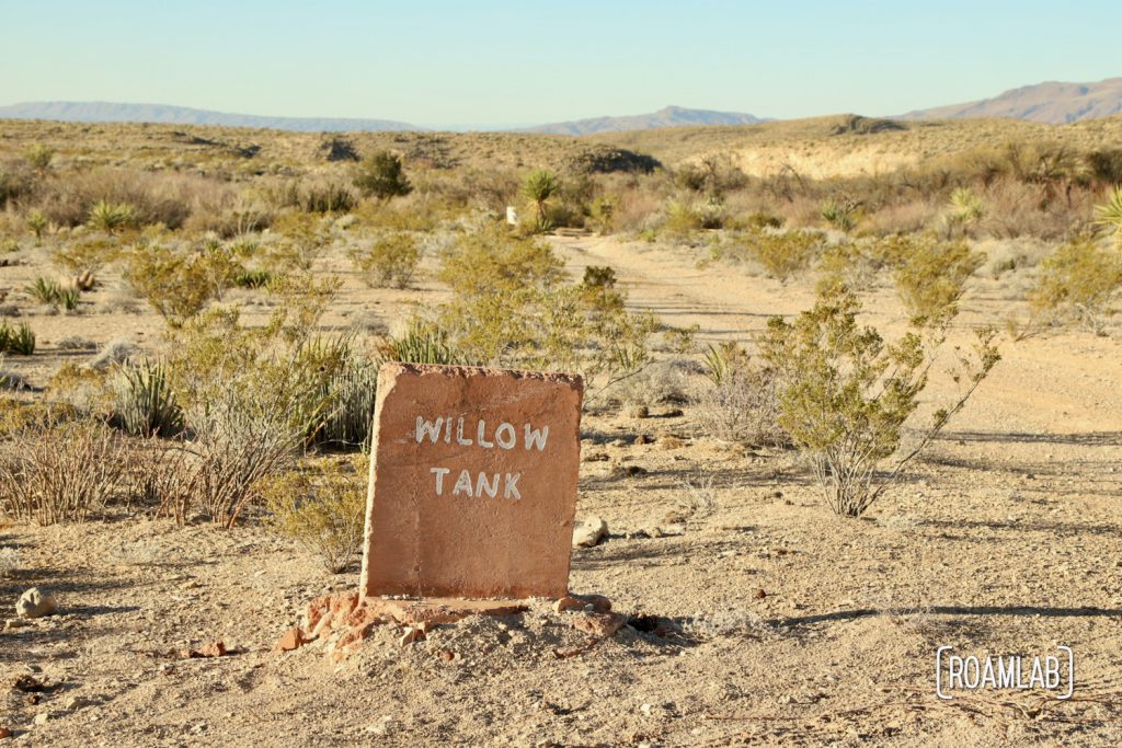 Access road marker for the Willow Tank Campsite off of Old Ore Road in Big Bend National Park, Texas.