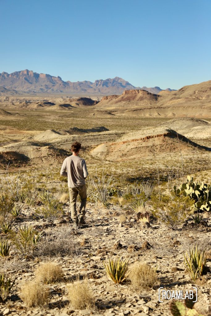 Man walking into the mountainous desert.